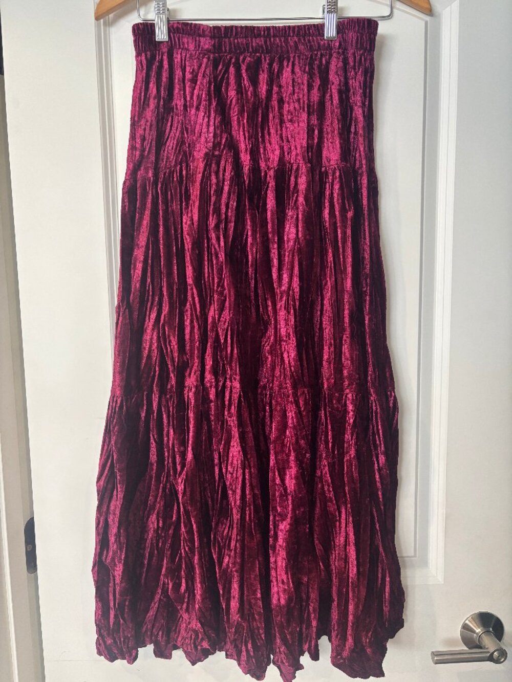 Vintage Y2K Whimsigoth Maroon Crinkle Velvet Tiered Maxi Skirt Size Medium⁠